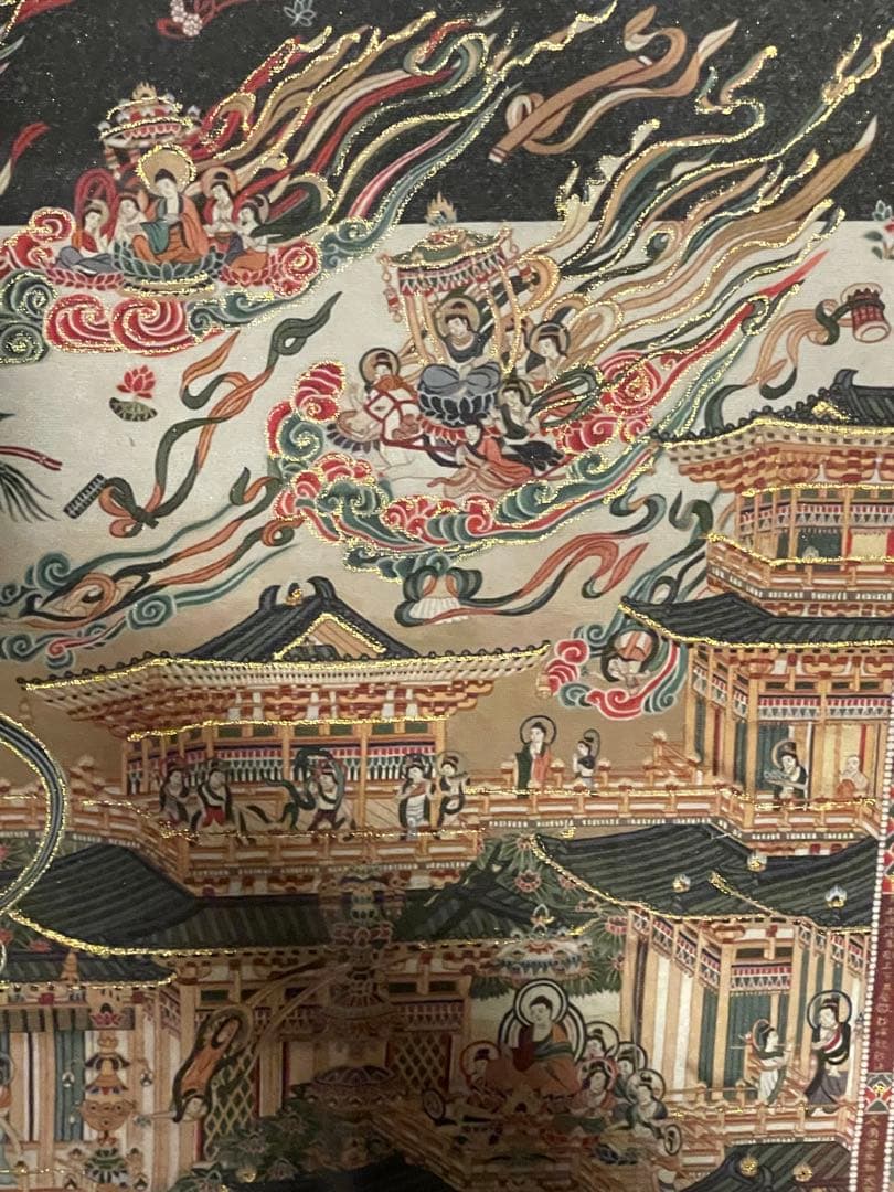 当麻曼荼羅図　綴織　平成本　複製　仏画　彩絵 伝統的な仏教絵画 金箔装飾