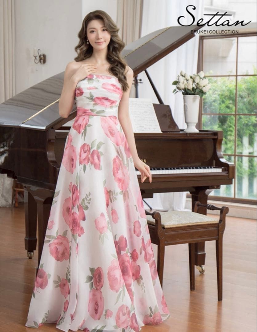 [SETTAN]ホワイト×ピンクフラワープリント・ベア・Aライン・ロングドレス
