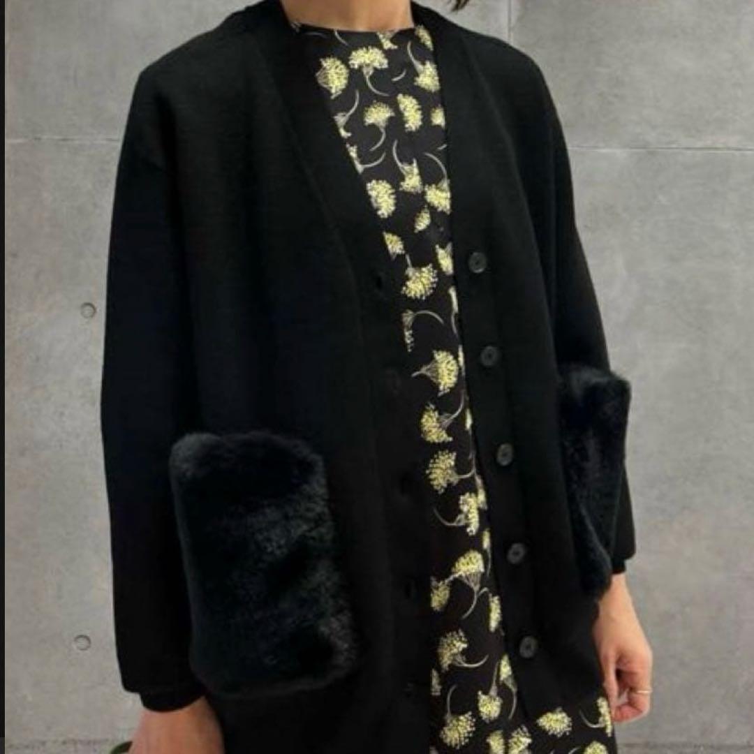 Ballsey ウールポリエステルミラノリブ ファーポケットカーディガン 黒 S