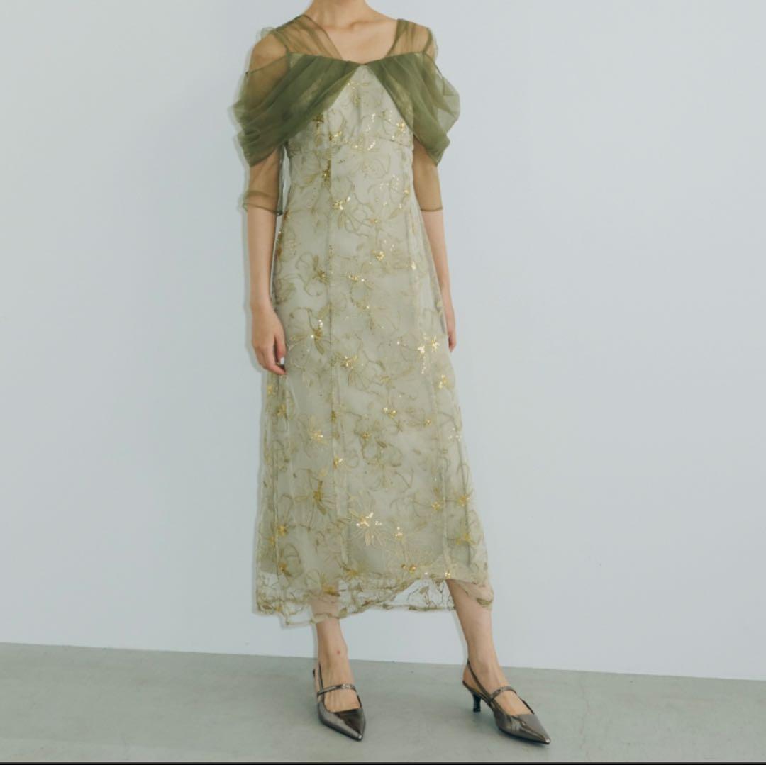 オフショルダースパンコール刺繍レースドレス ライトグリーン