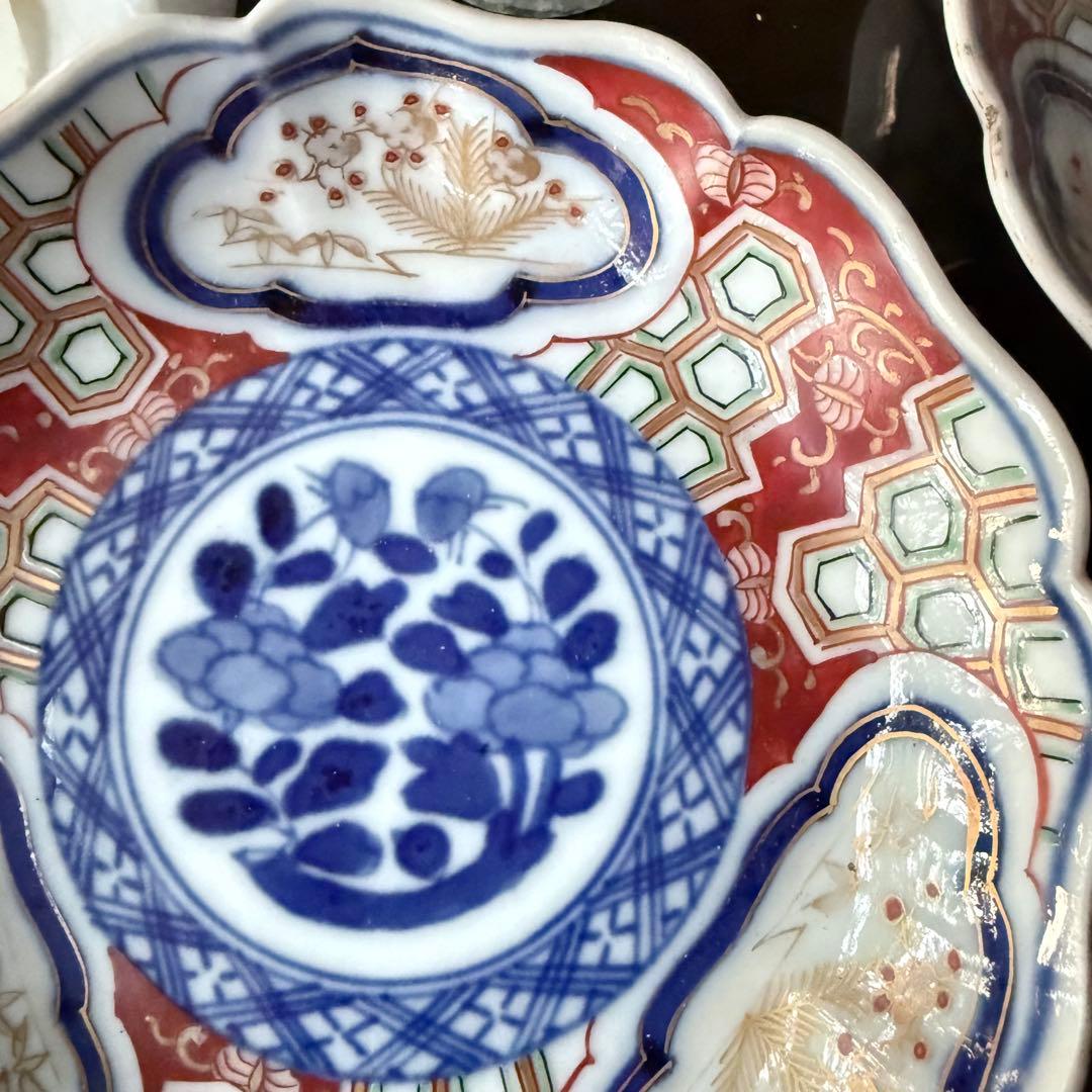 超限定2日20時迄❣旧家蔵出江戸期最上手牡丹と亀甲❌松竹梅大聖寺伊万里小皿5客