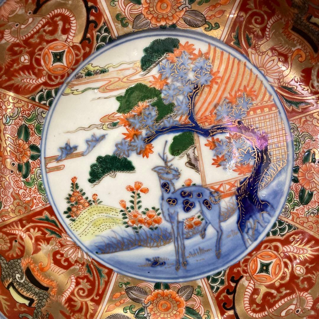 古伊万里　色絵金彩　八角鉢　龍鳳神獣蝶鹿竹林人物図　富貴長春　江戸期
