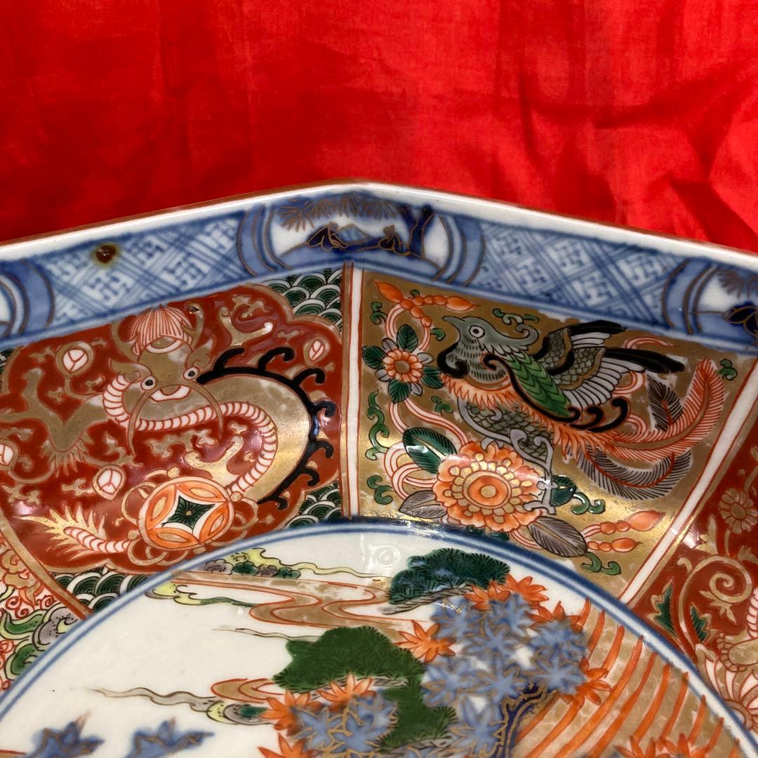 古伊万里　色絵金彩　八角鉢　龍鳳神獣蝶鹿竹林人物図　富貴長春　江戸期