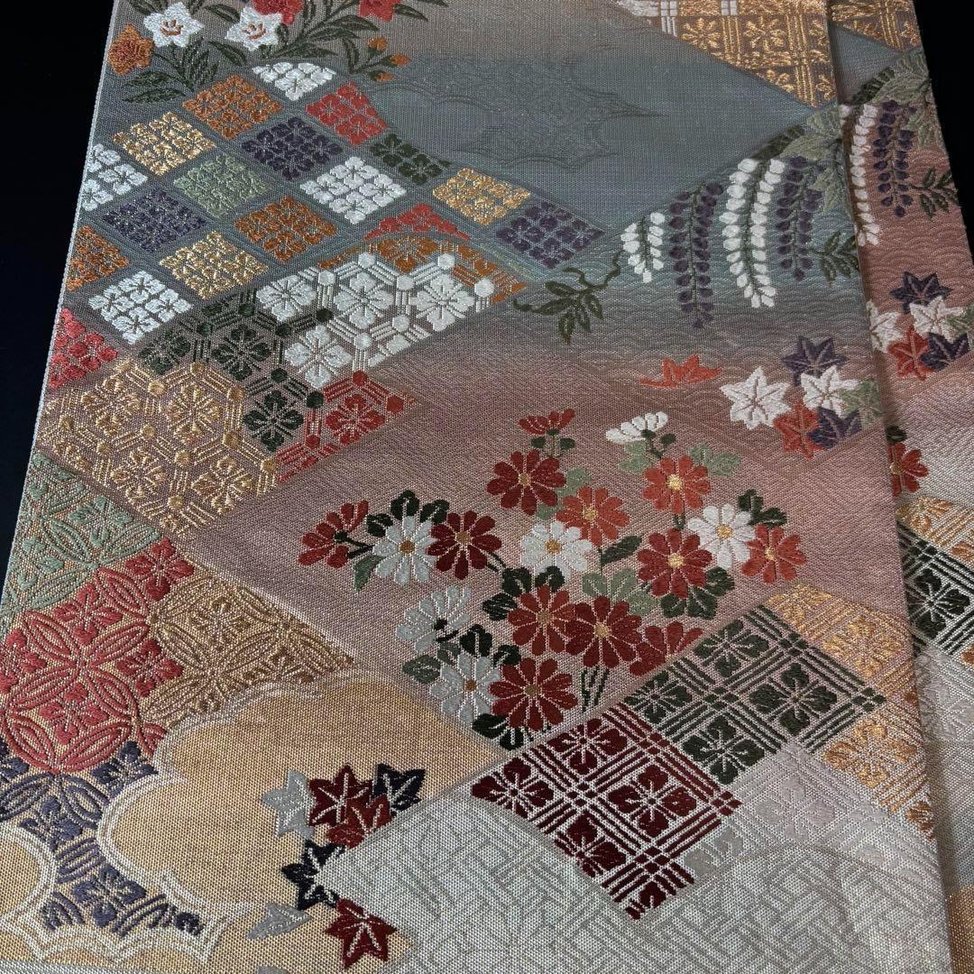 YU-034 袋帯 西陣織 藤 菊 楓 六通 正絹 名品 高級