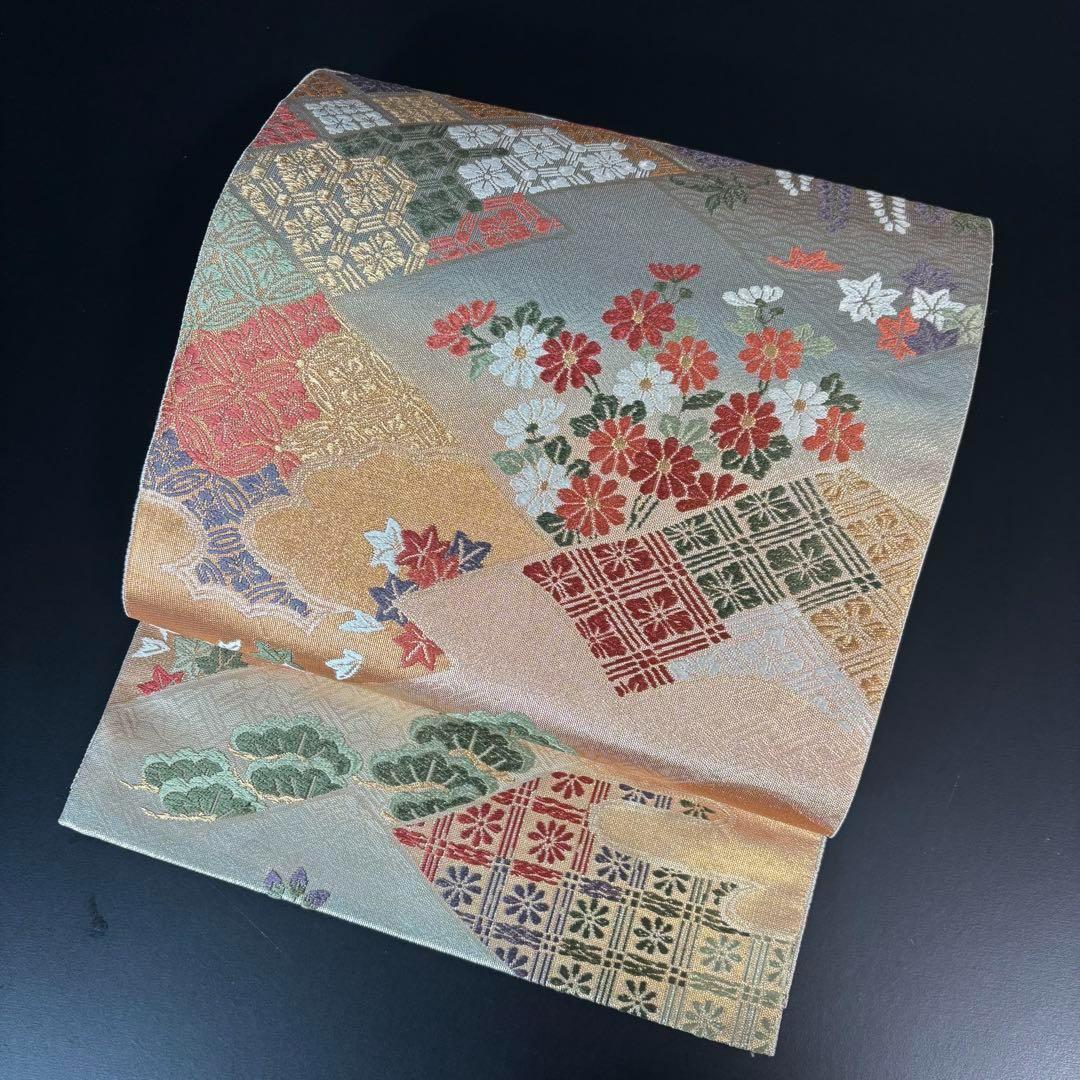 YU-034 袋帯 西陣織 藤 菊 楓 六通 正絹 名品 高級