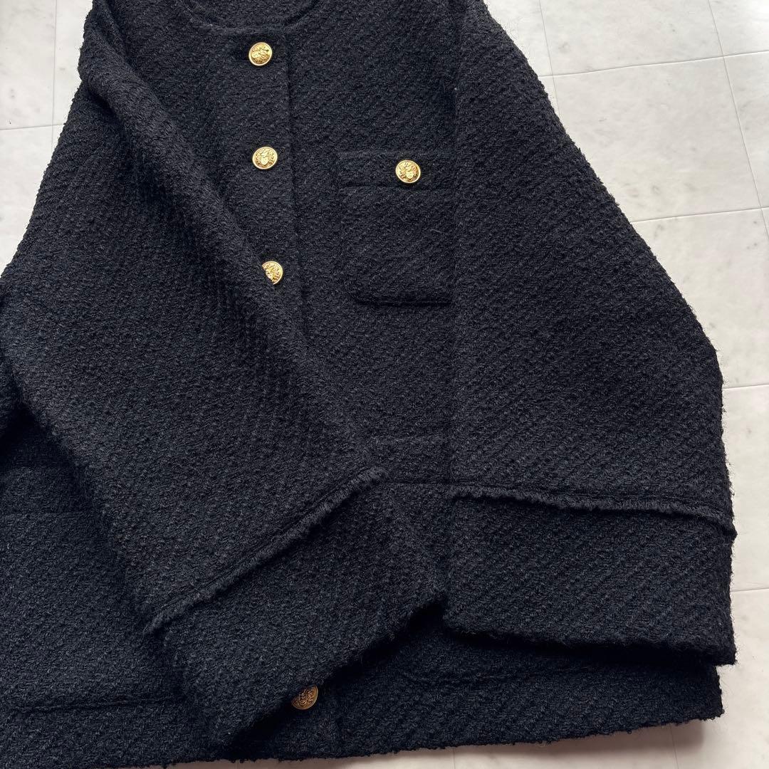 ラウンジドレス 金ボタン ノーカラー ツイードジャケット 黒 ブラック 卒入学