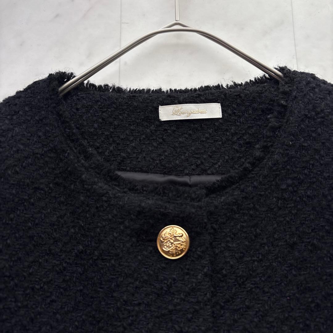 ラウンジドレス 金ボタン ノーカラー ツイードジャケット 黒 ブラック 卒入学