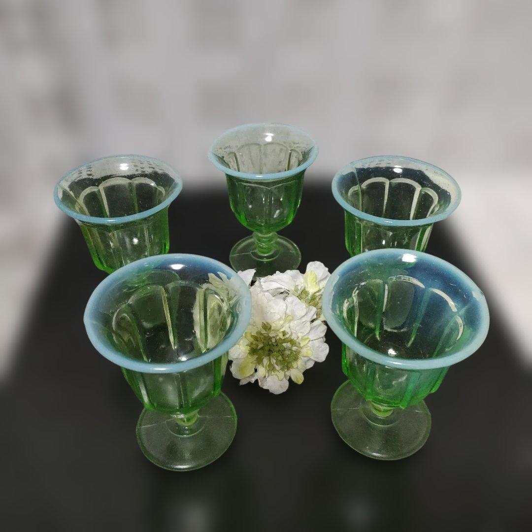 大正ロマン緑色ガラス製足付き 氷コップ5個セット