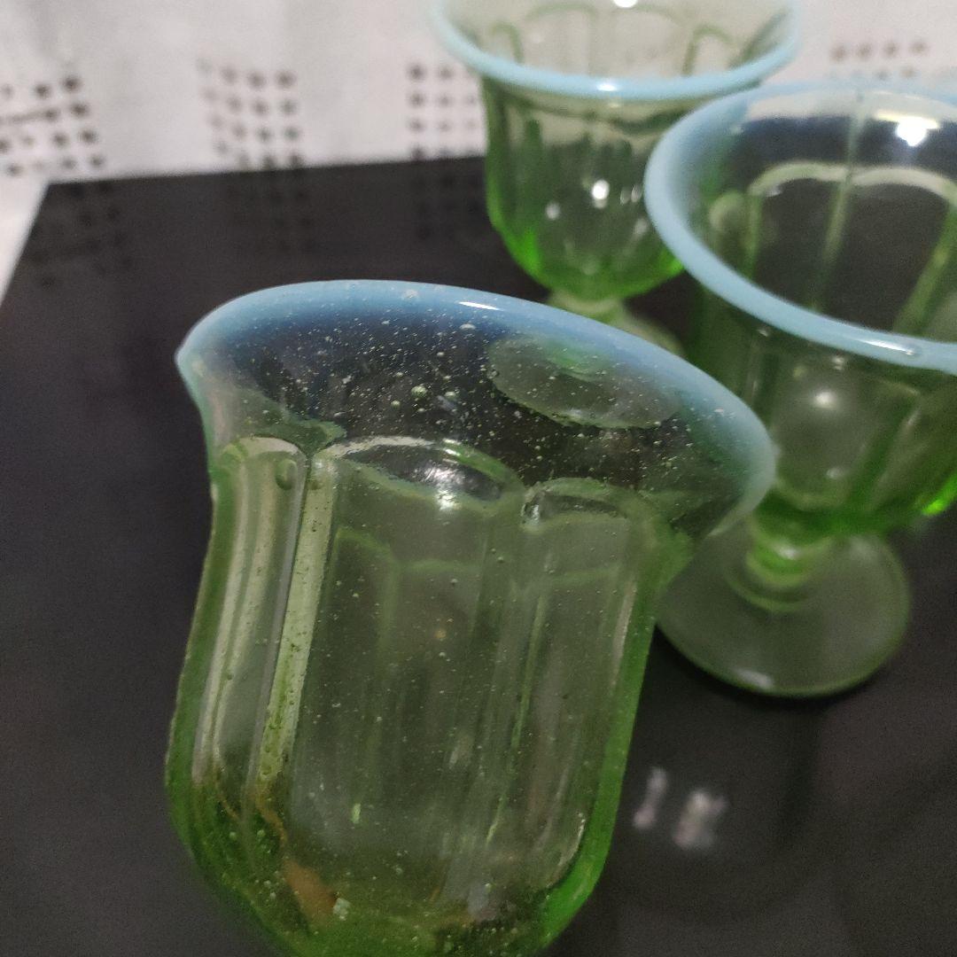 大正ロマン緑色ガラス製足付き 氷コップ5個セット