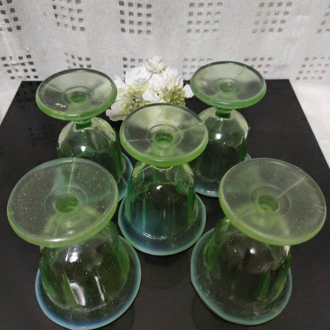 大正ロマン緑色ガラス製足付き 氷コップ5個セット