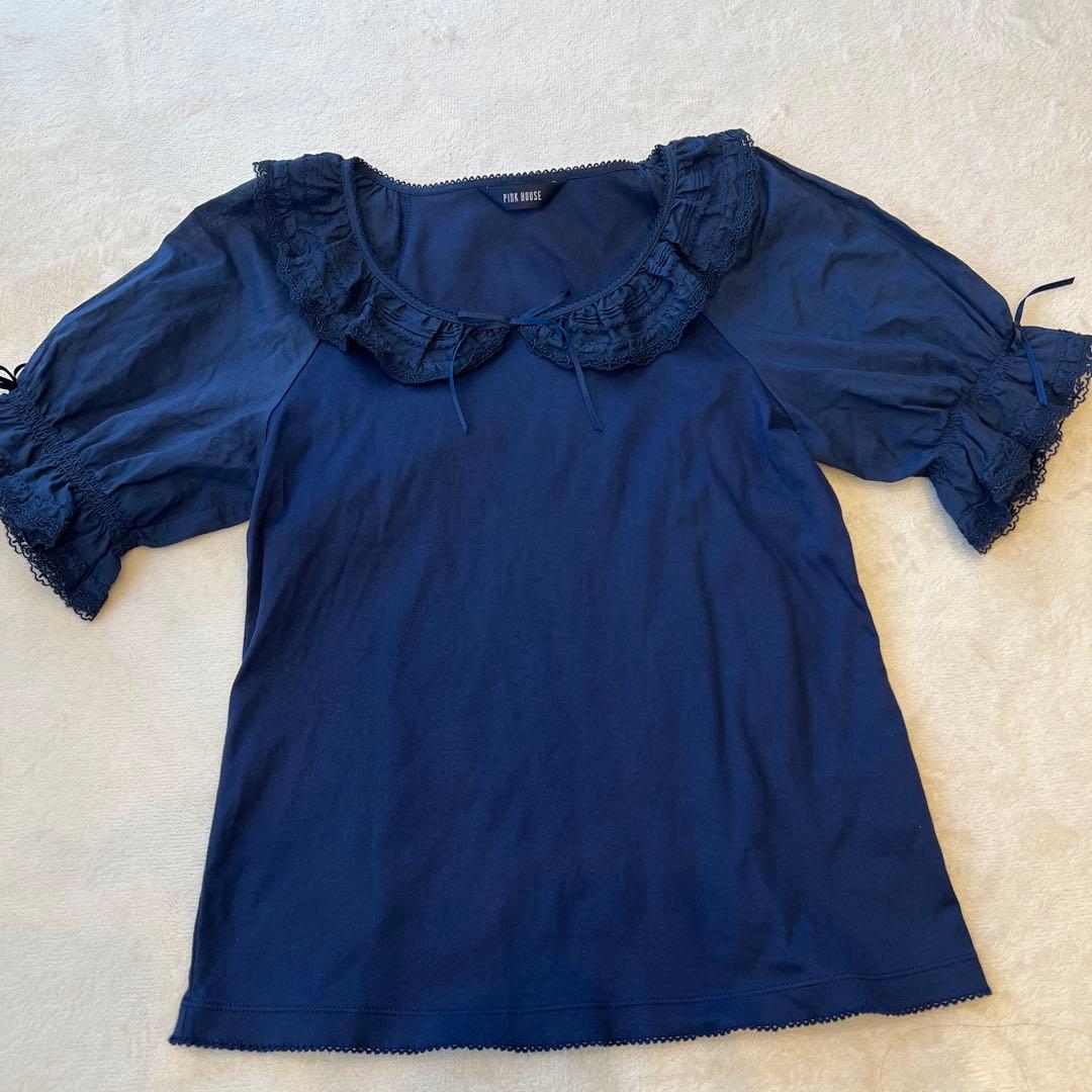 【極美品】ピンクハウス　刺繍レース　フリル襟カットソー　ネイビー