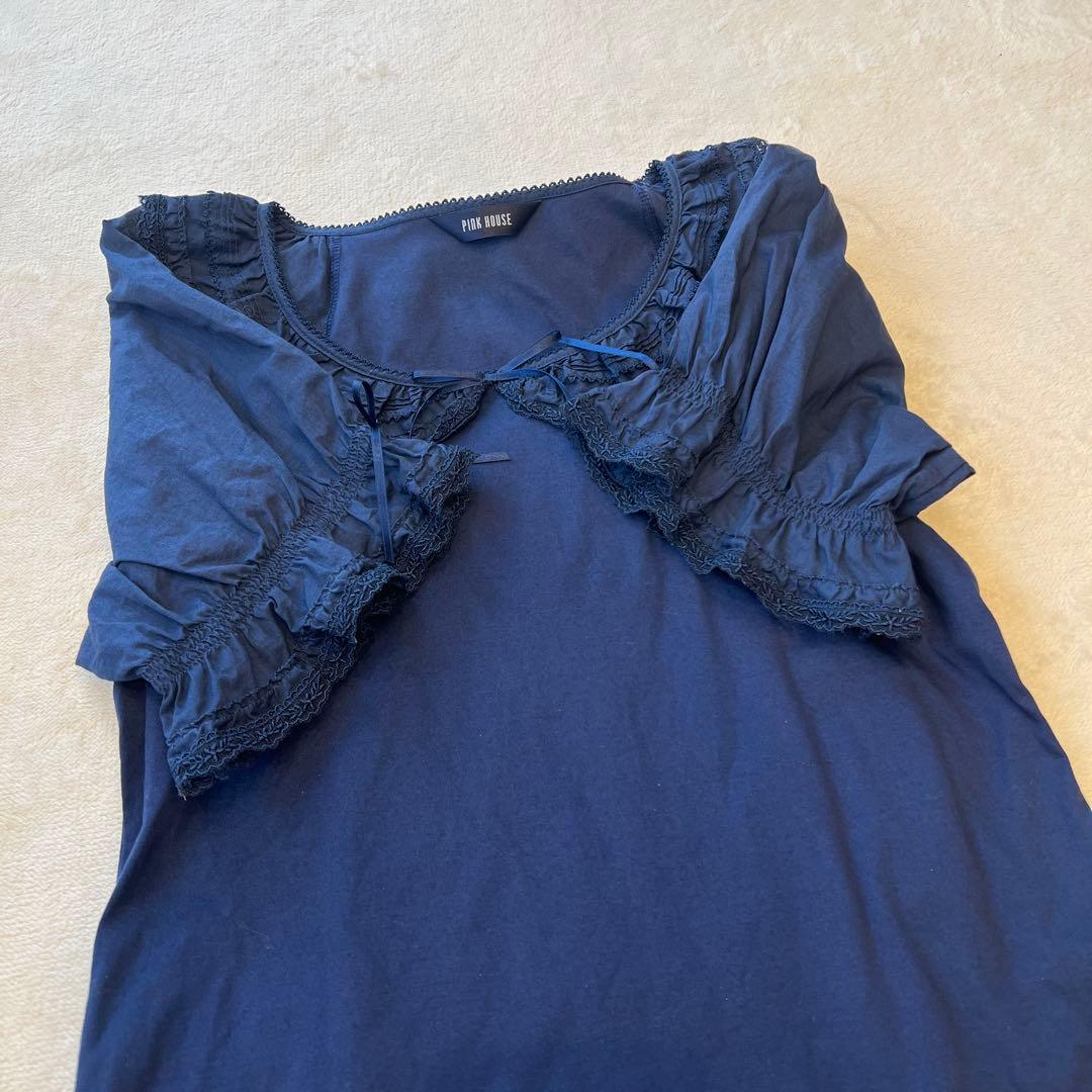 【極美品】ピンクハウス　刺繍レース　フリル襟カットソー　ネイビー
