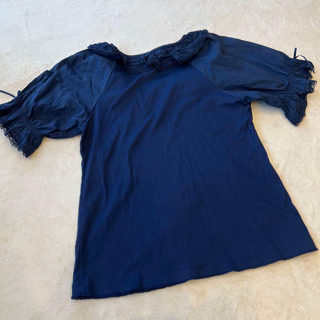 【極美品】ピンクハウス　刺繍レース　フリル襟カットソー　ネイビー