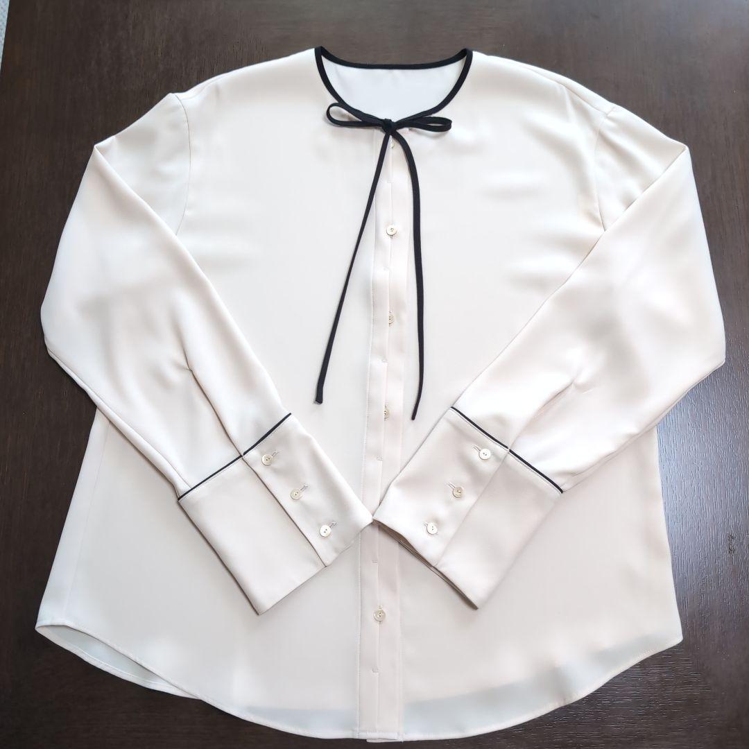 アルアバイル　ジョーゼット細パイピング長袖ブラウス　ベージュ　レディース