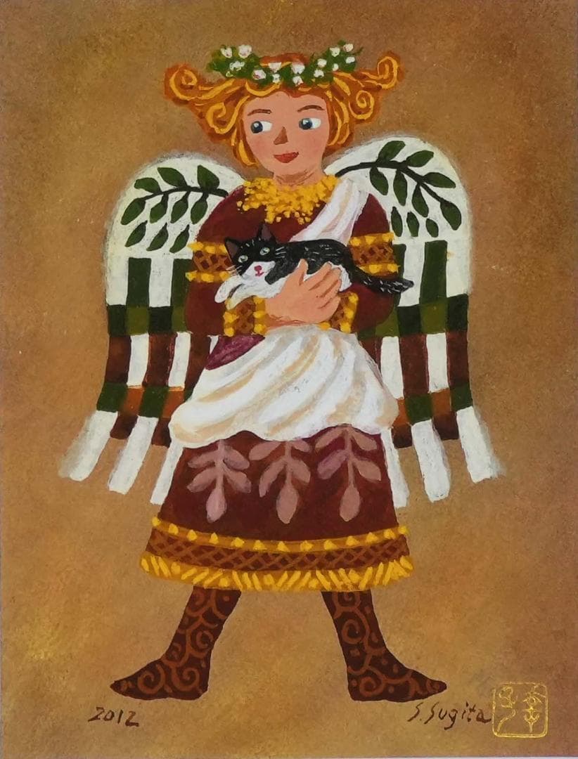 ジクレー版画「天使と子猫」八つ切額装（杉田幸子作）