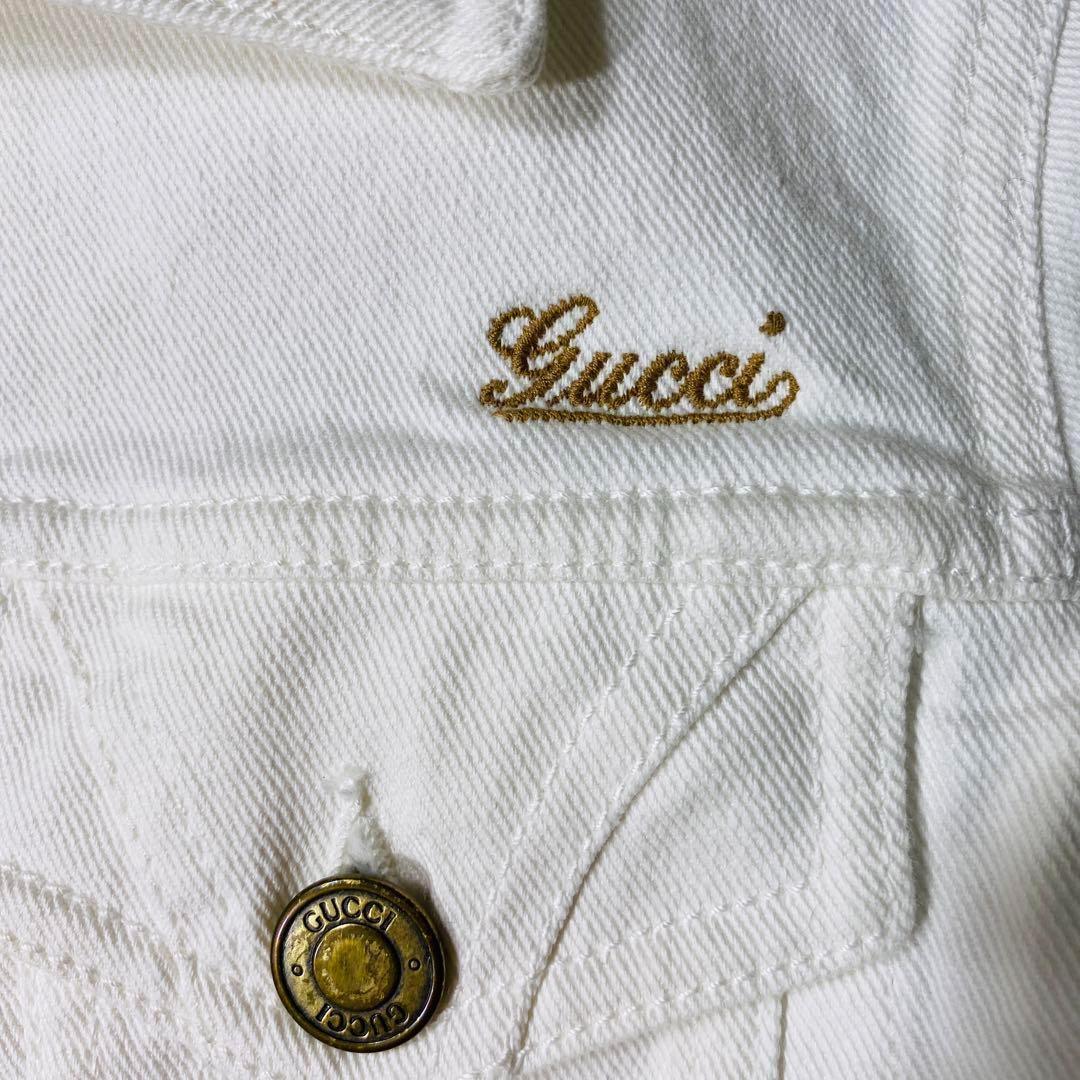 美品 GUCCI ホワイト デニムジャケット ロゴ刺繍 Gジャン 金ボタン