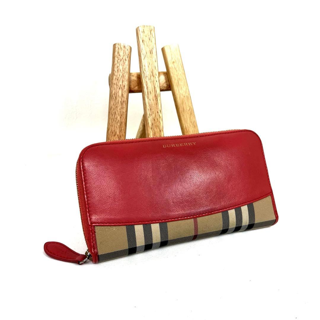 バーバリー　長財布　ノバチェック　本革　ラウンドファスナー　ロゴ　シャドーホース