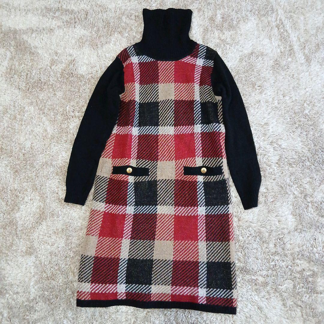ブルーレーベルクレストブリッジ ウールモヘヤワンピース CBチェック ハイネック