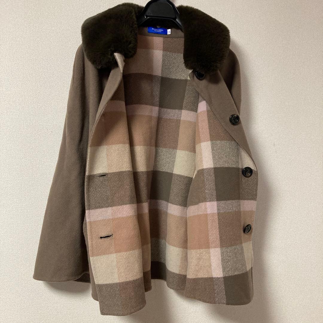 ブルーレーベルクレストブリッジ　リバーシブル　コート　ポンチョ　チェック　ファー