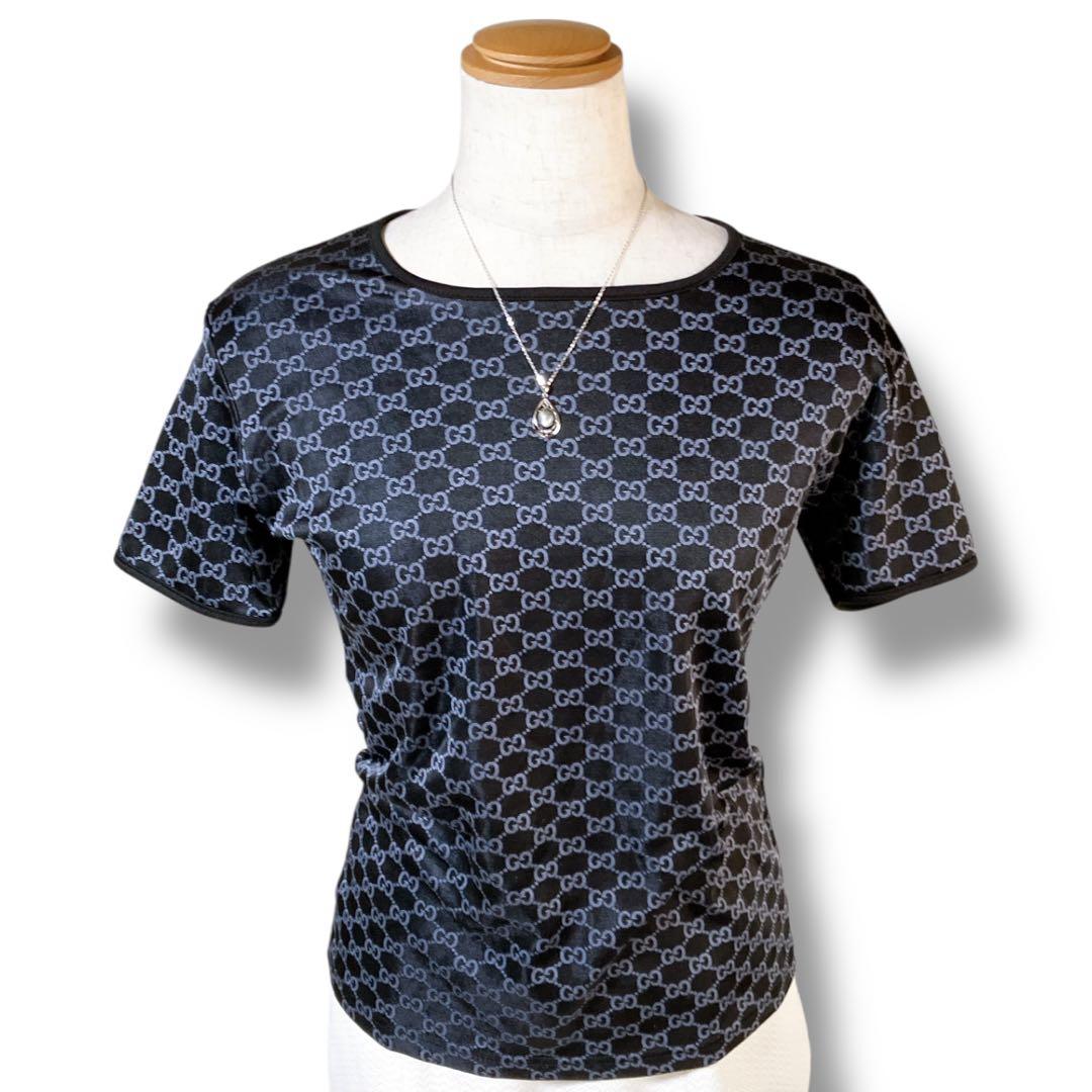 グッチ イタリア製 良品 GG柄 総柄 クルーネック カットソー ブラック