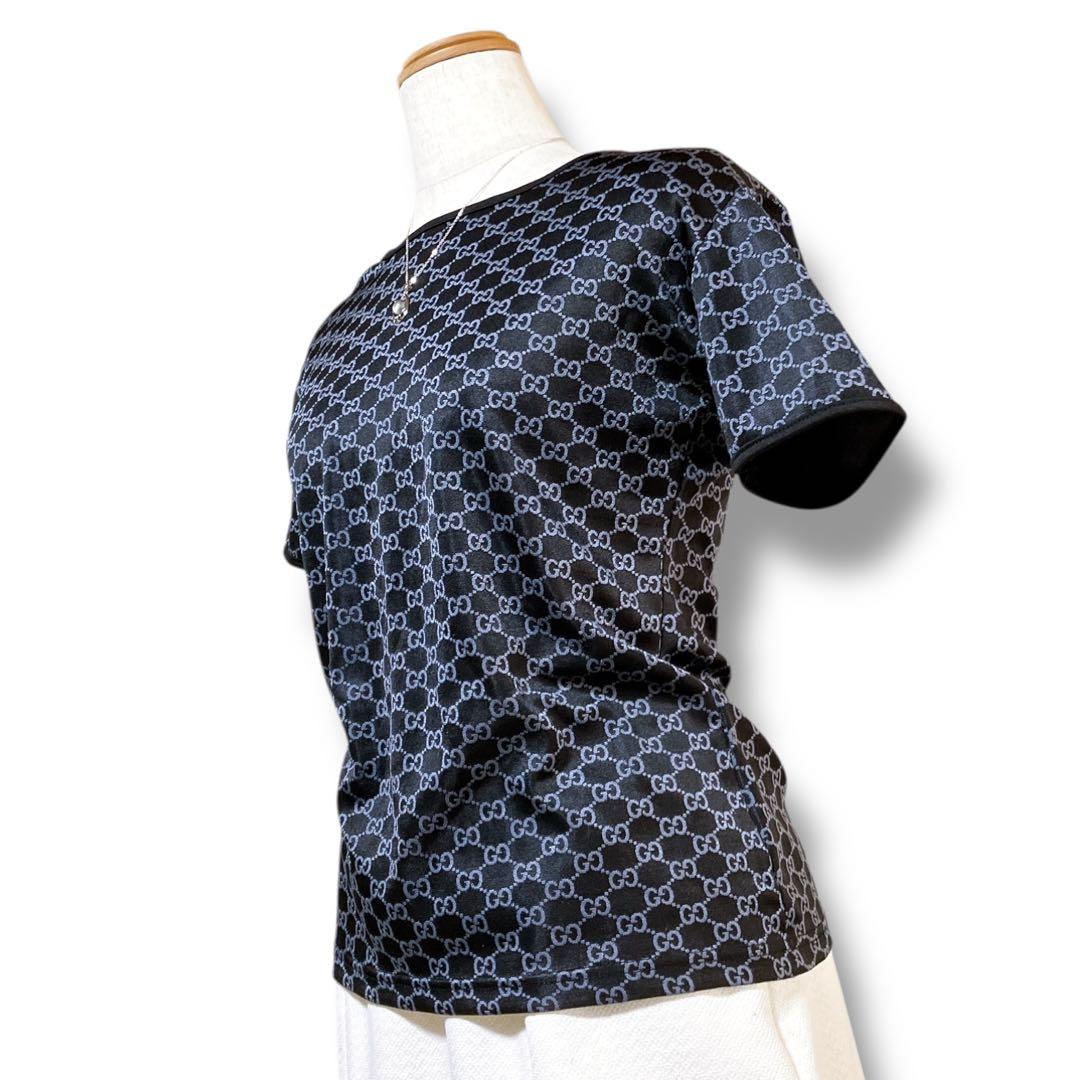 グッチ イタリア製 良品 GG柄 総柄 クルーネック カットソー ブラック