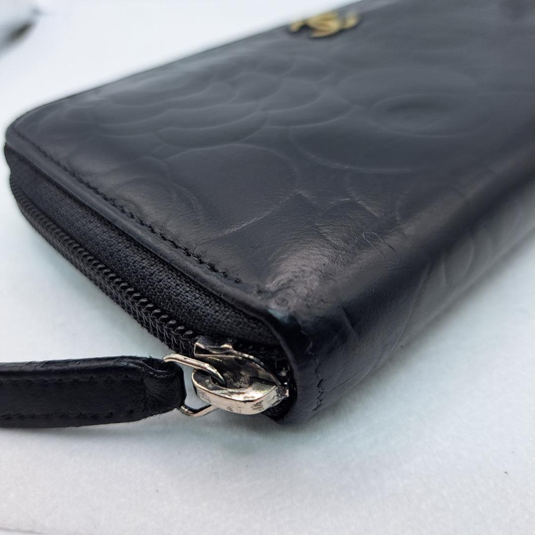 CHANEL　カメリア　ラウンドジップ　ブラック 長財布　ラムスキン