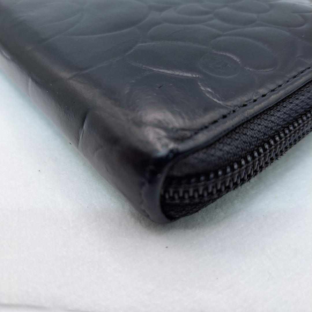 CHANEL　カメリア　ラウンドジップ　ブラック 長財布　ラムスキン