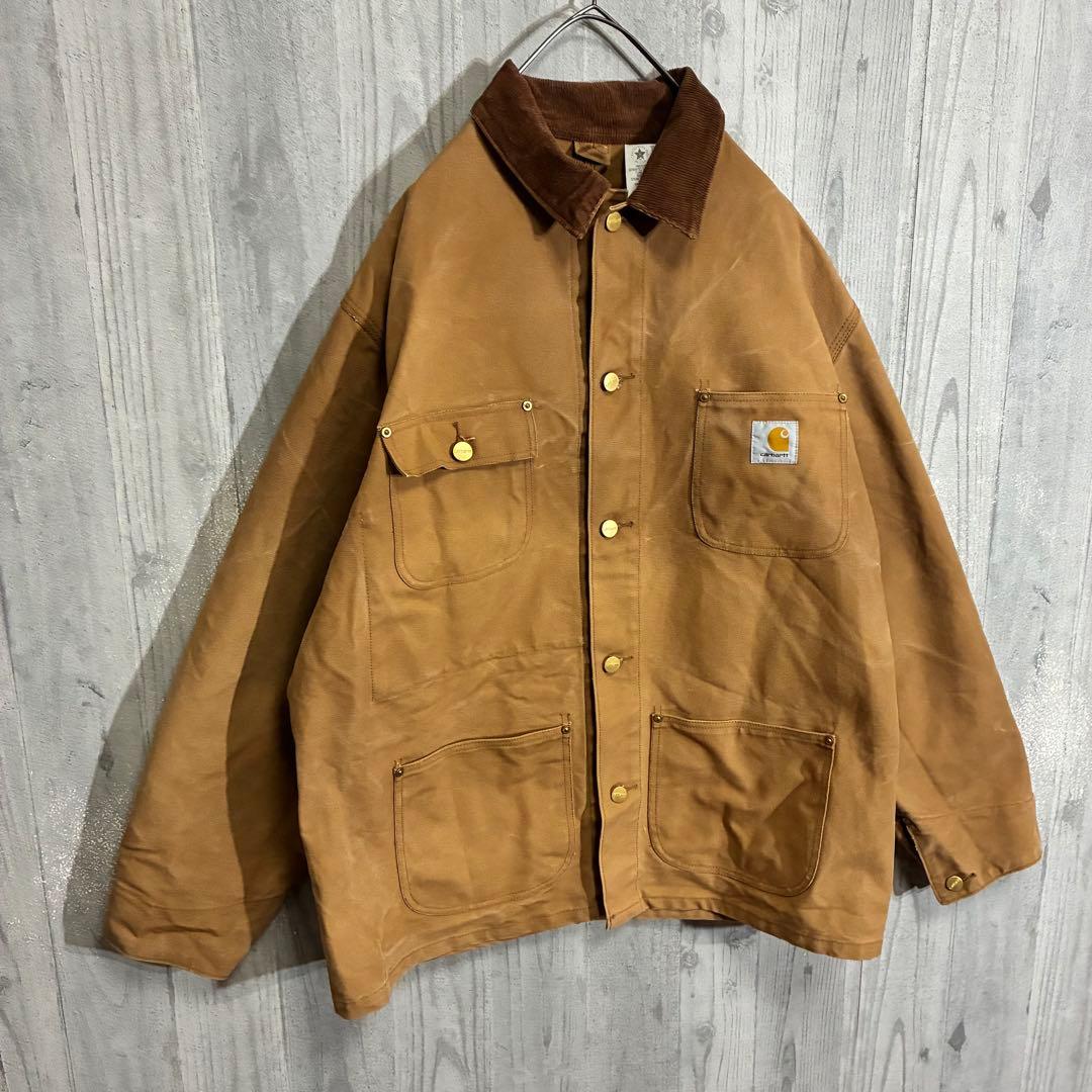 【星タグ90s】カーハート　ワンポイントロゴ　裏地なし　ダックカバーオール　44