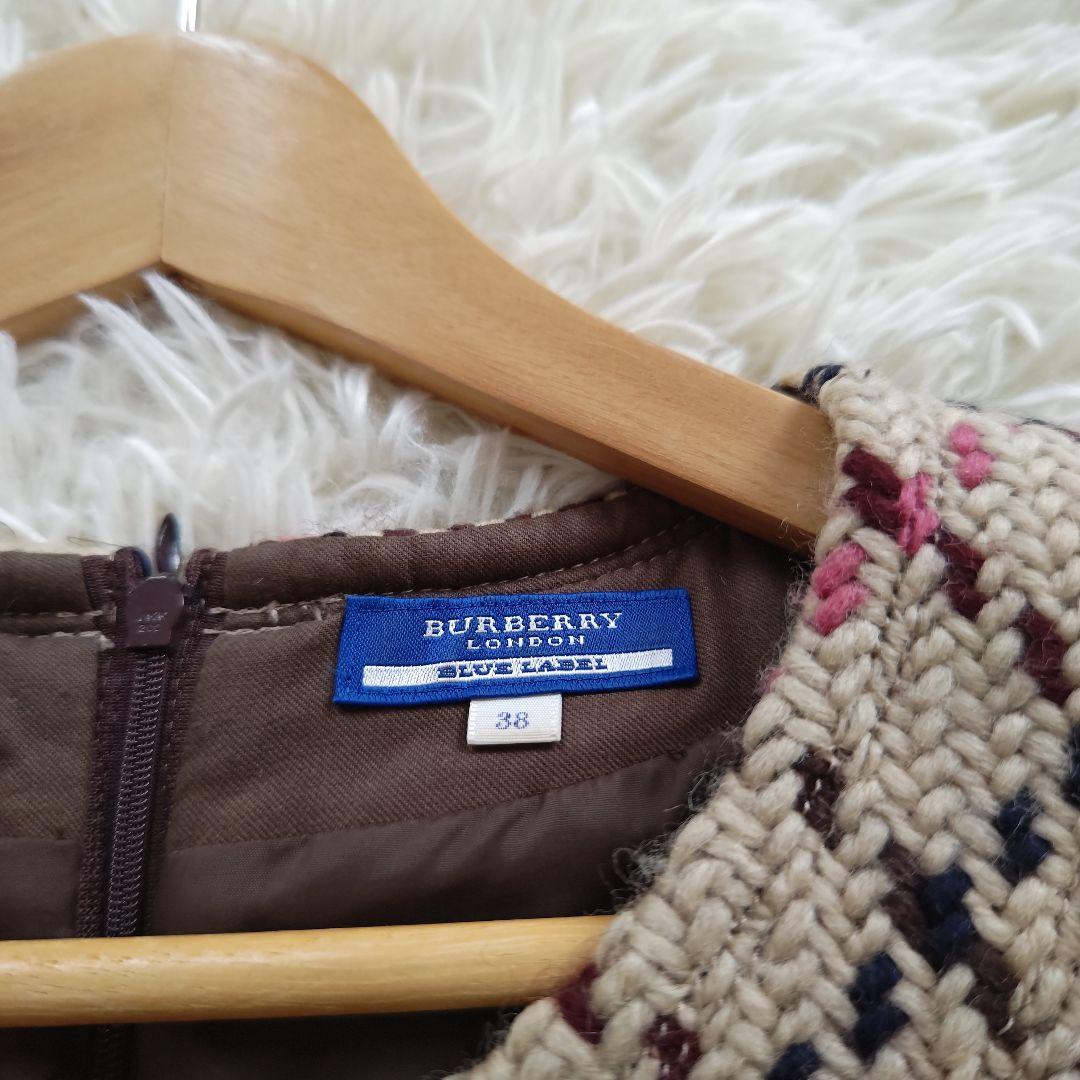 いちご様　バーバリーブルーレーベル　半袖ウールワンピース　チェック　ブラウン　M