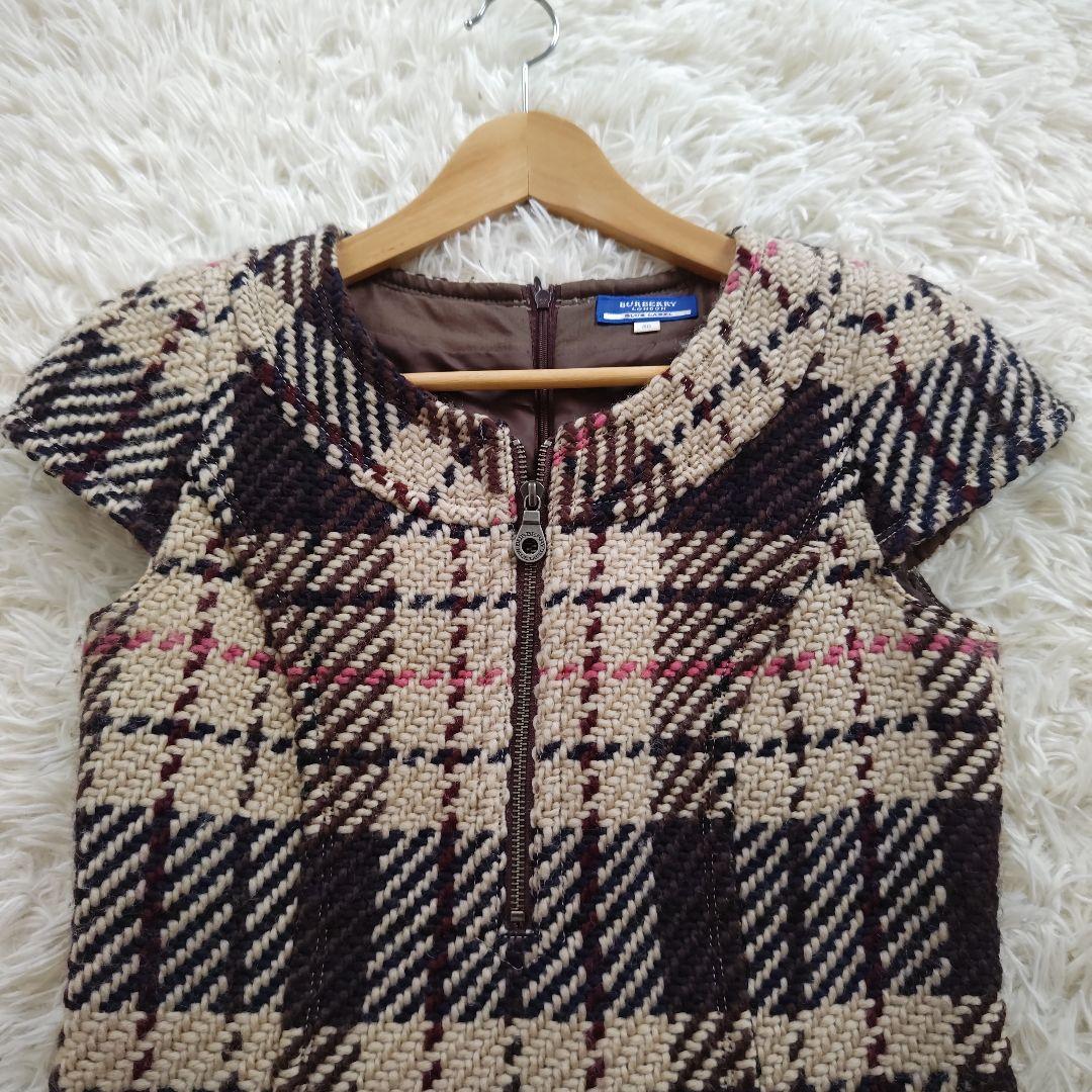 いちご様　バーバリーブルーレーベル　半袖ウールワンピース　チェック　ブラウン　M