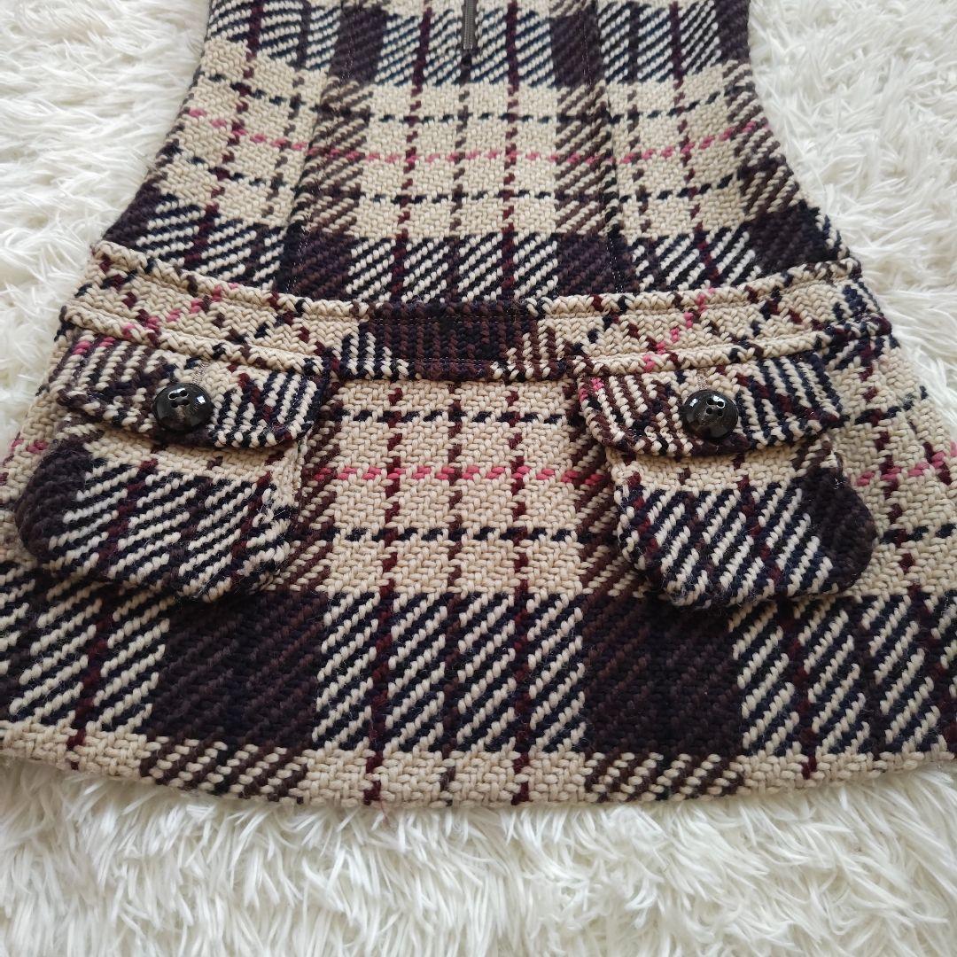 いちご様　バーバリーブルーレーベル　半袖ウールワンピース　チェック　ブラウン　M