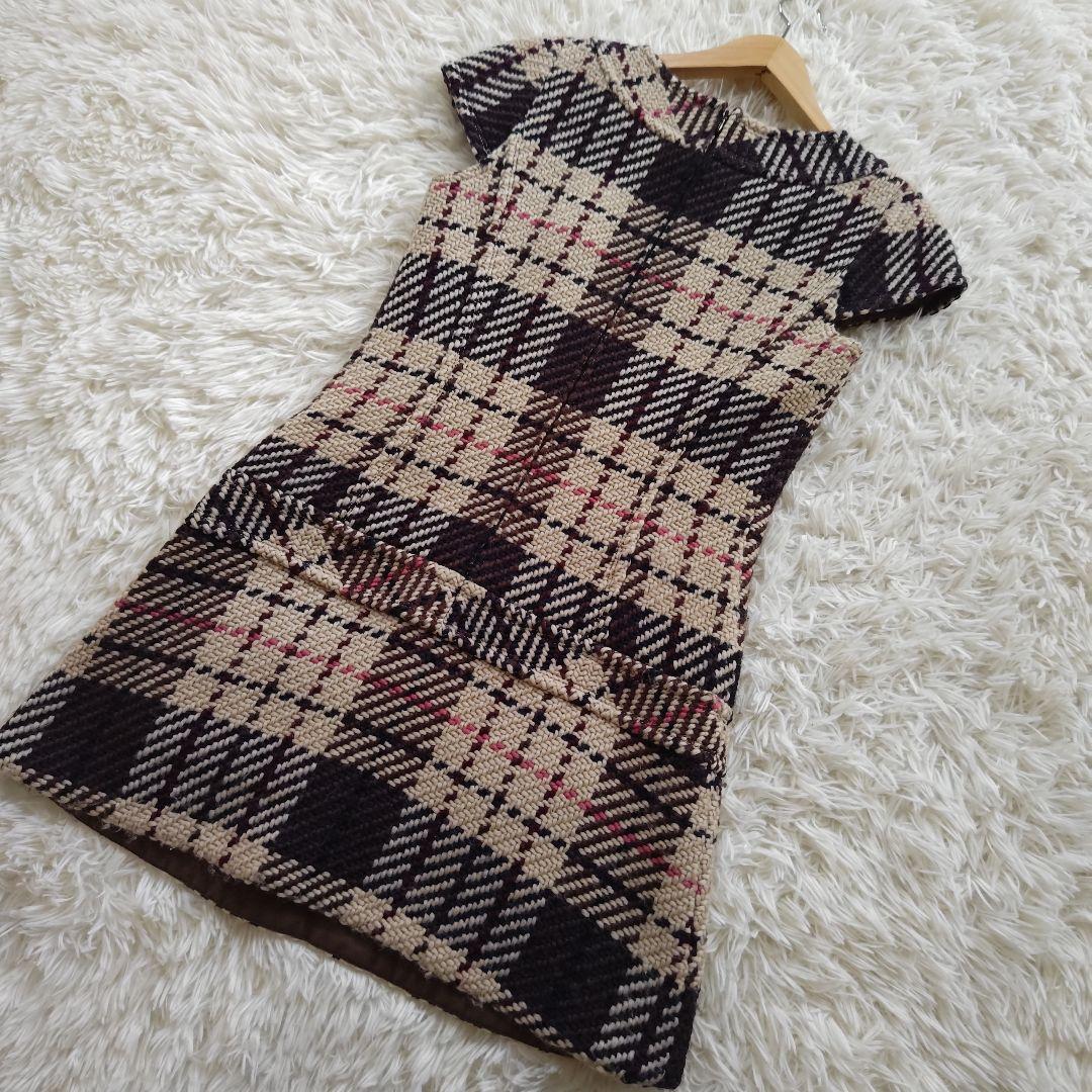 いちご様　バーバリーブルーレーベル　半袖ウールワンピース　チェック　ブラウン　M