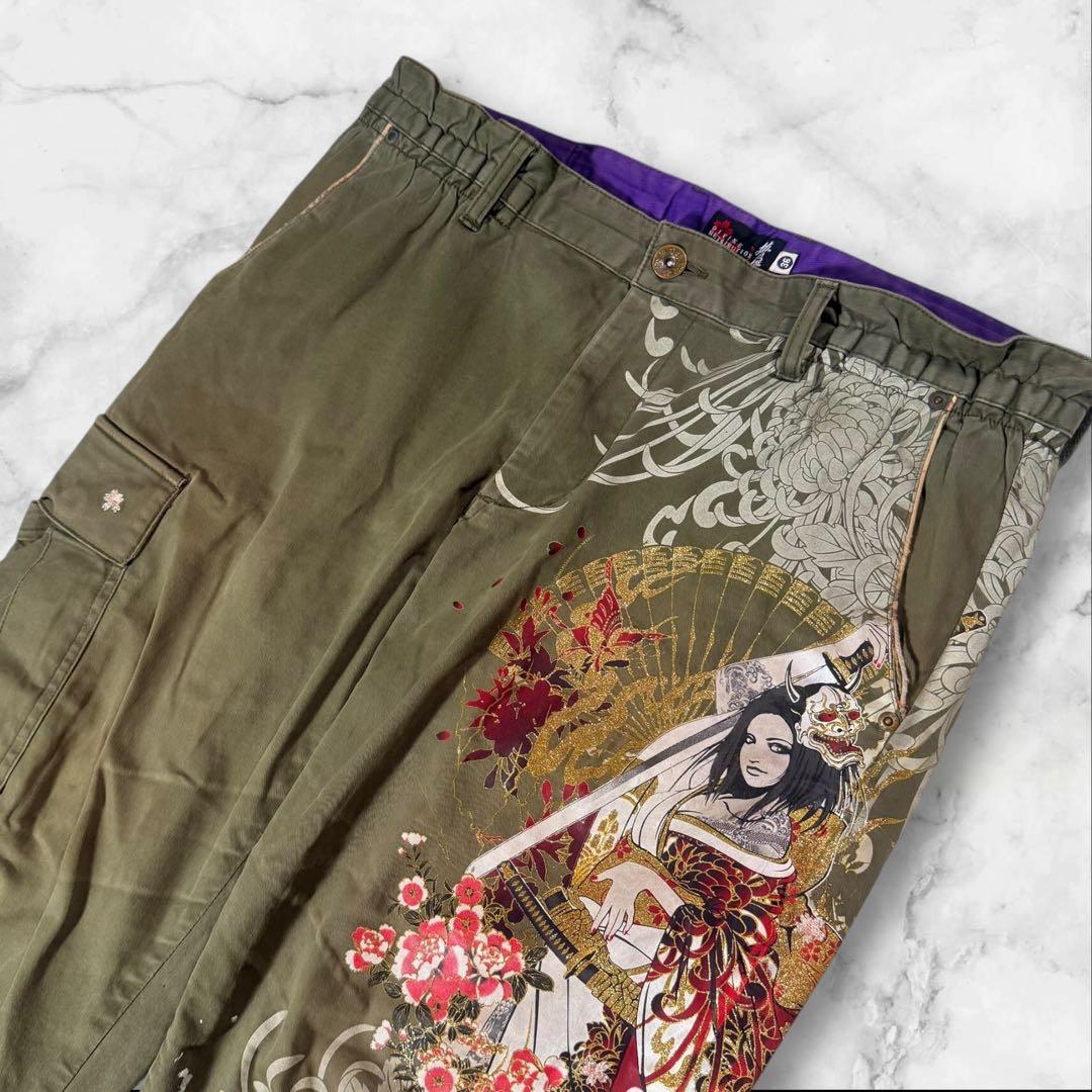 【Y2K】絡繰魂 抜刀娘 般若面 和柄 カーゴパンツ カーキW36