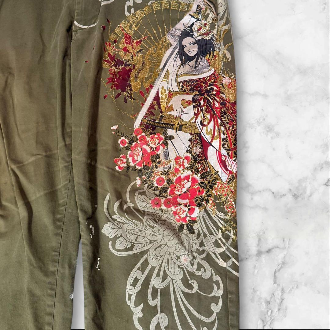 【Y2K】絡繰魂 抜刀娘 般若面 和柄 カーゴパンツ カーキW36