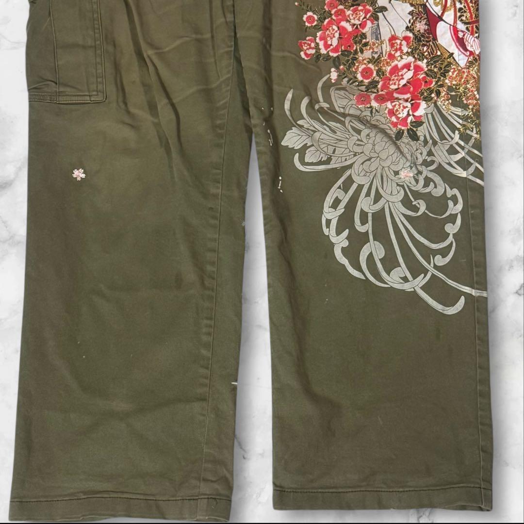 【Y2K】絡繰魂 抜刀娘 般若面 和柄 カーゴパンツ カーキW36