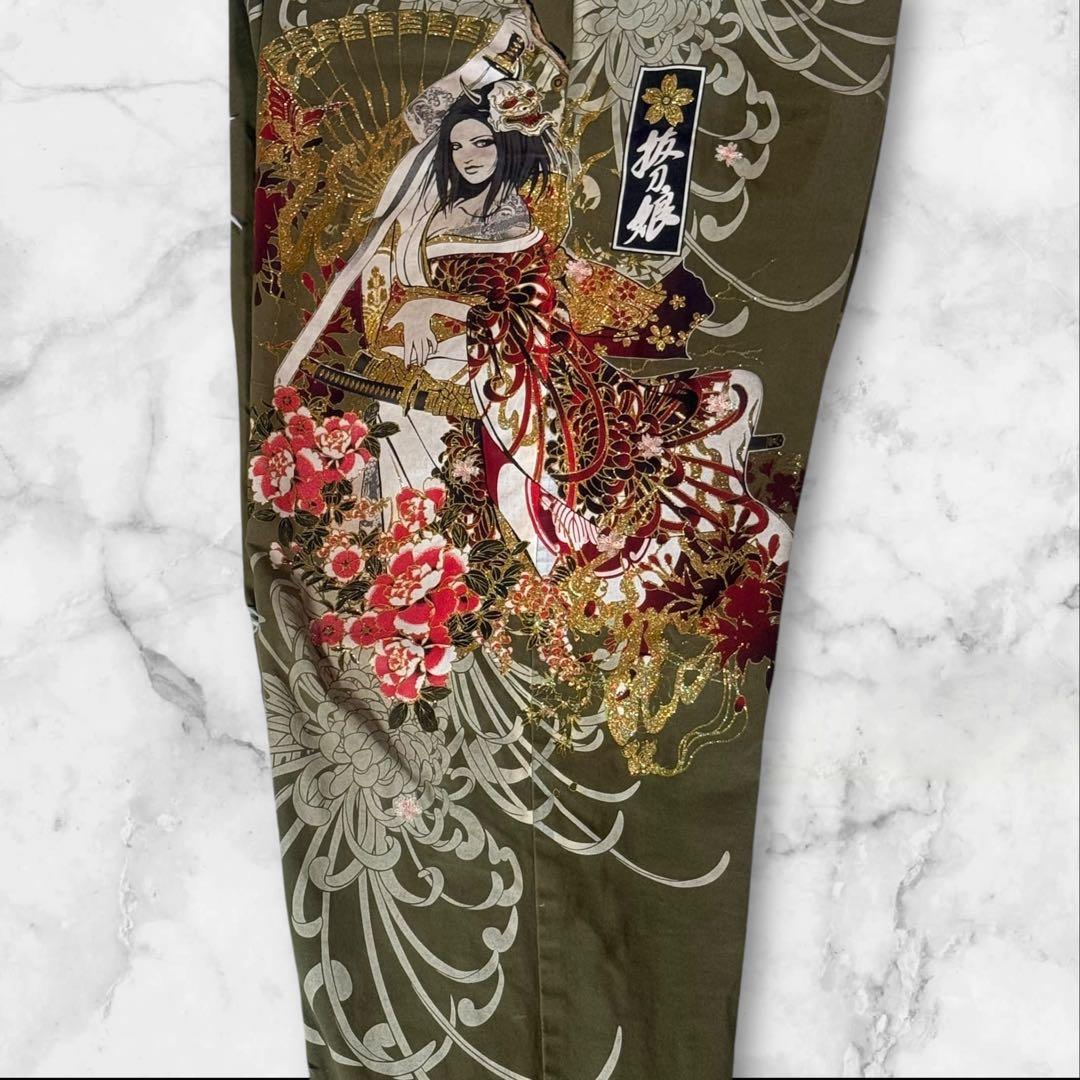 【Y2K】絡繰魂 抜刀娘 般若面 和柄 カーゴパンツ カーキW36