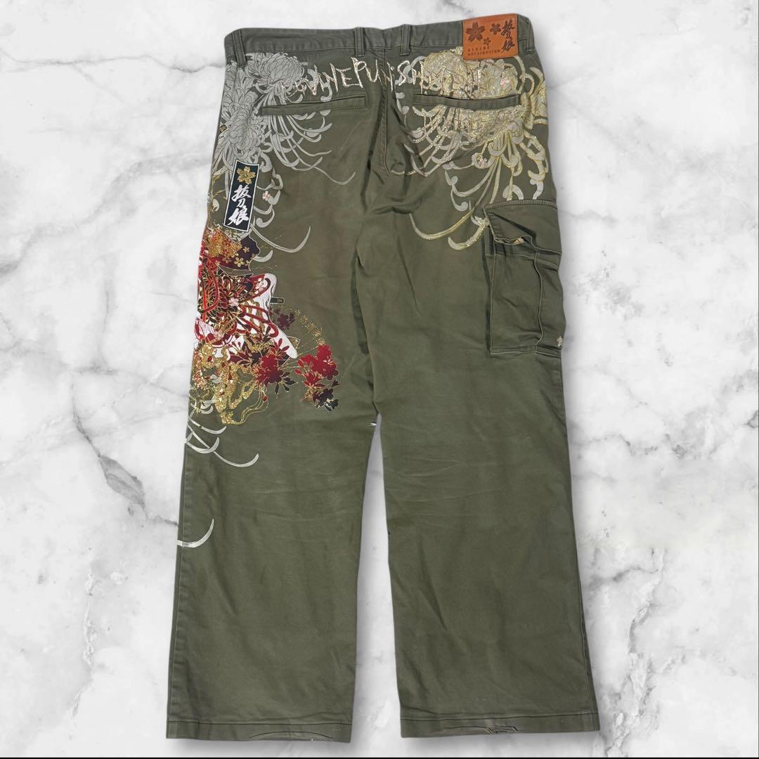 【Y2K】絡繰魂 抜刀娘 般若面 和柄 カーゴパンツ カーキW36