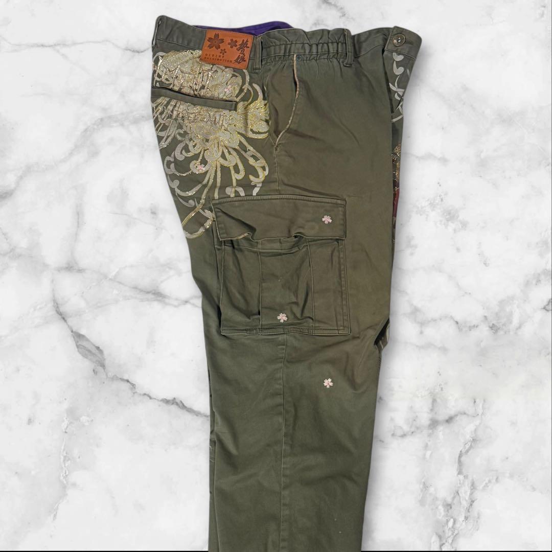 【Y2K】絡繰魂 抜刀娘 般若面 和柄 カーゴパンツ カーキW36