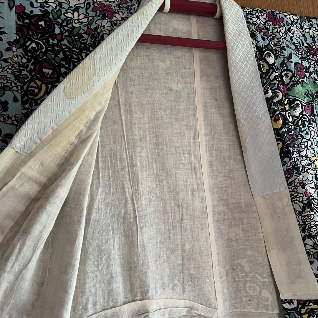 5905◆アンティーク長襦袢水色アールヌーボー薔薇と蝶々おしゃれ洋風modern