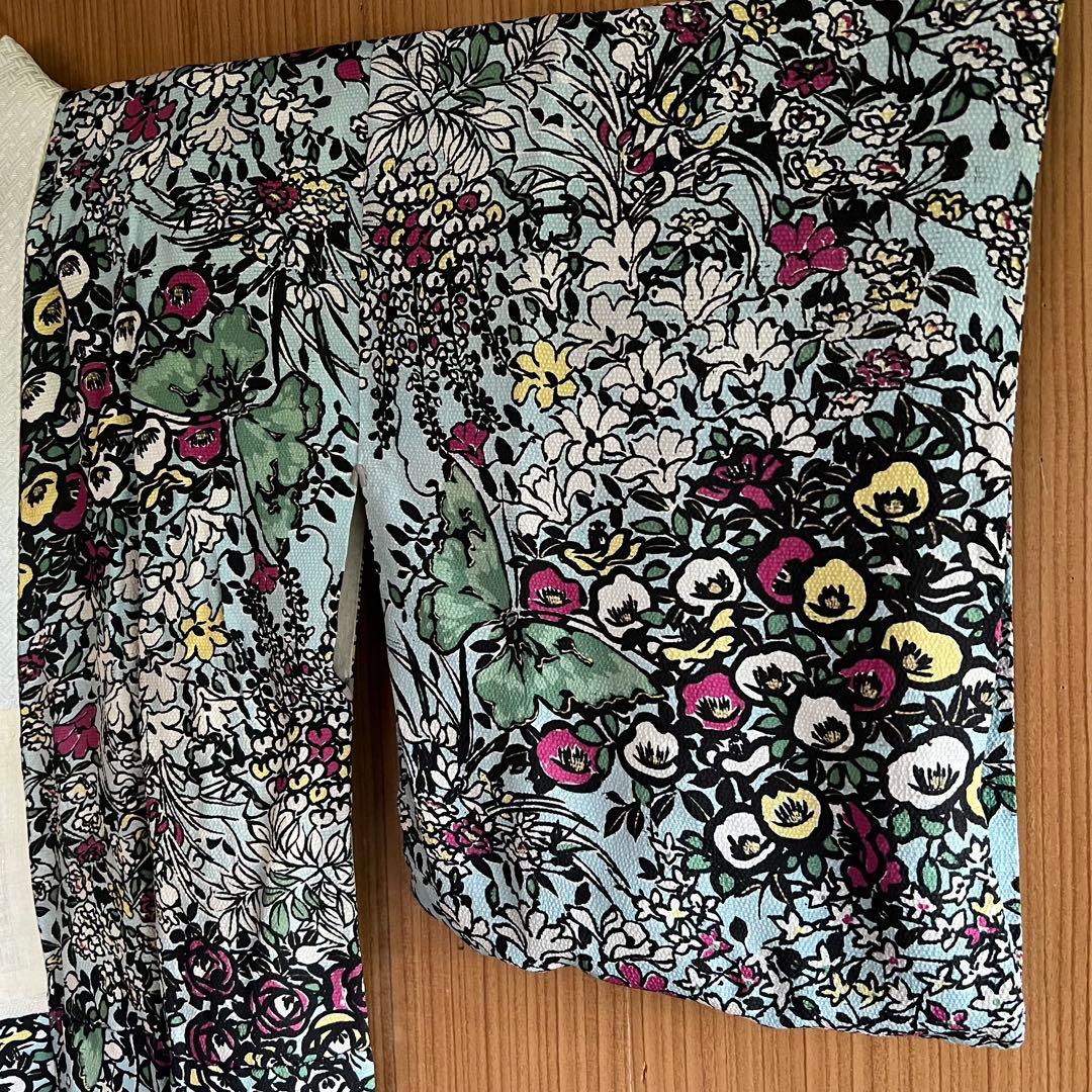 5905◆アンティーク長襦袢水色アールヌーボー薔薇と蝶々おしゃれ洋風modern