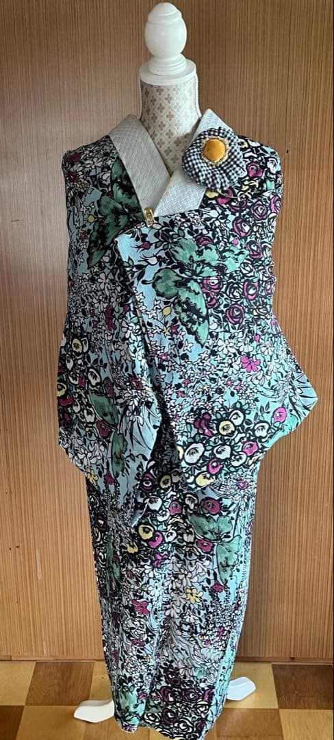 5905◆アンティーク長襦袢水色アールヌーボー薔薇と蝶々おしゃれ洋風modern