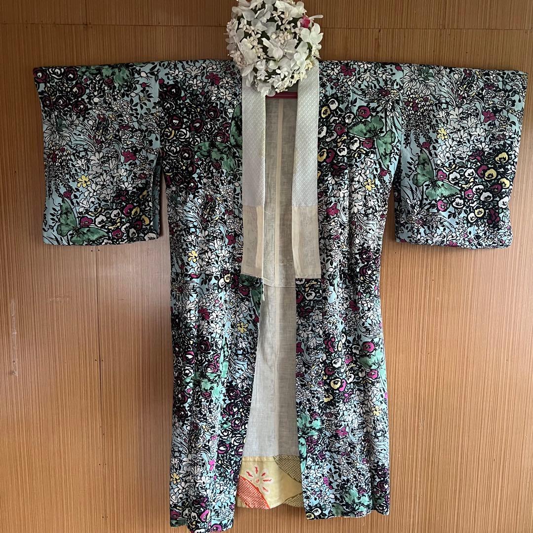 5905◆アンティーク長襦袢水色アールヌーボー薔薇と蝶々おしゃれ洋風modern