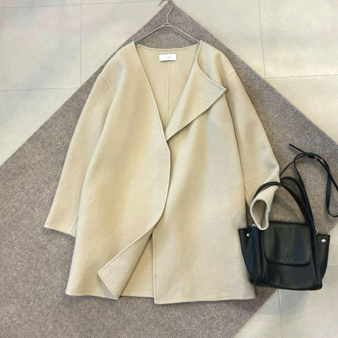 アストラット♡アシンメトリー ウール リバーコート ノーカラー 日本製 ベージュ