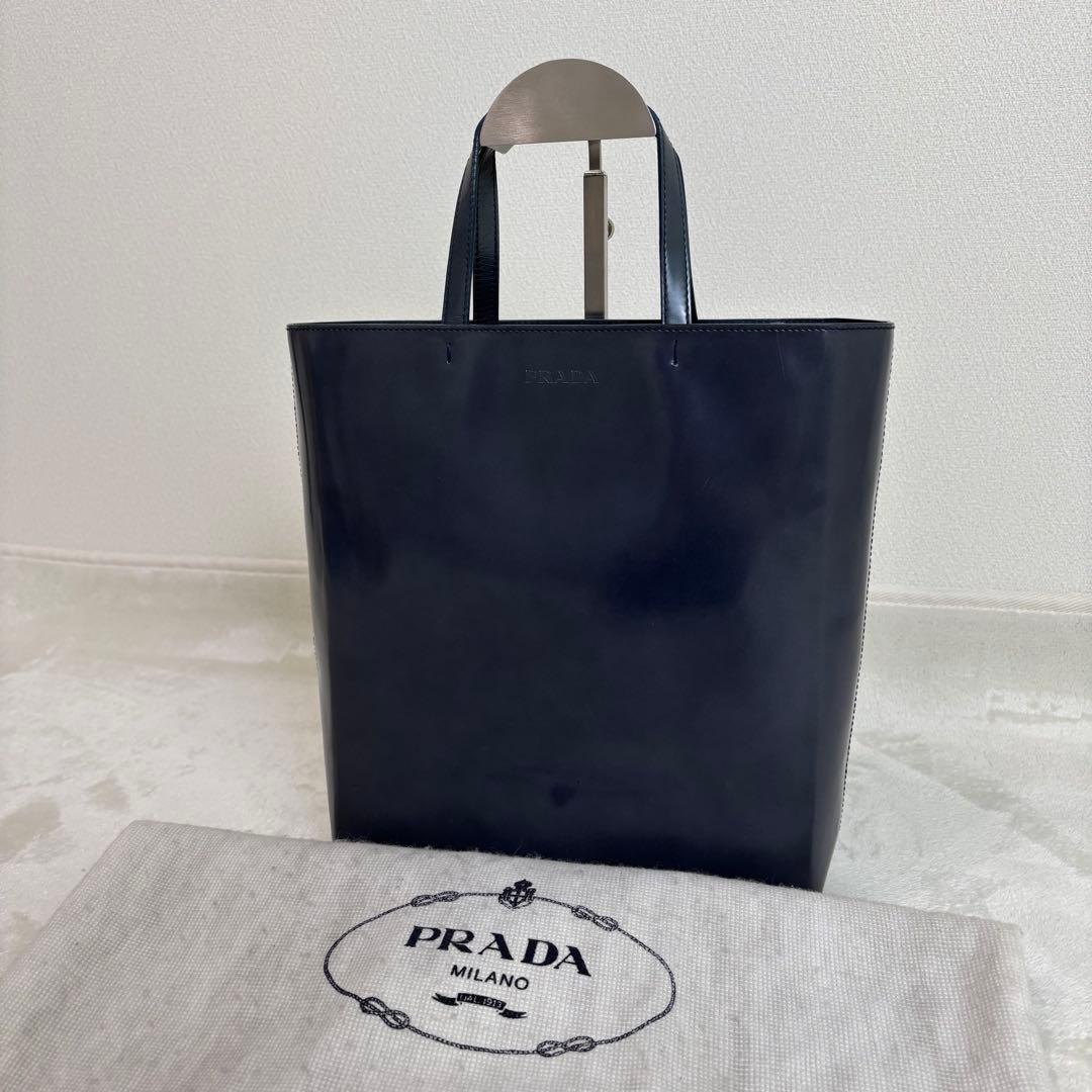 PRADA　プラダ　トートバッグ　手提げ　鞄　パテントレザー　紺　収納袋