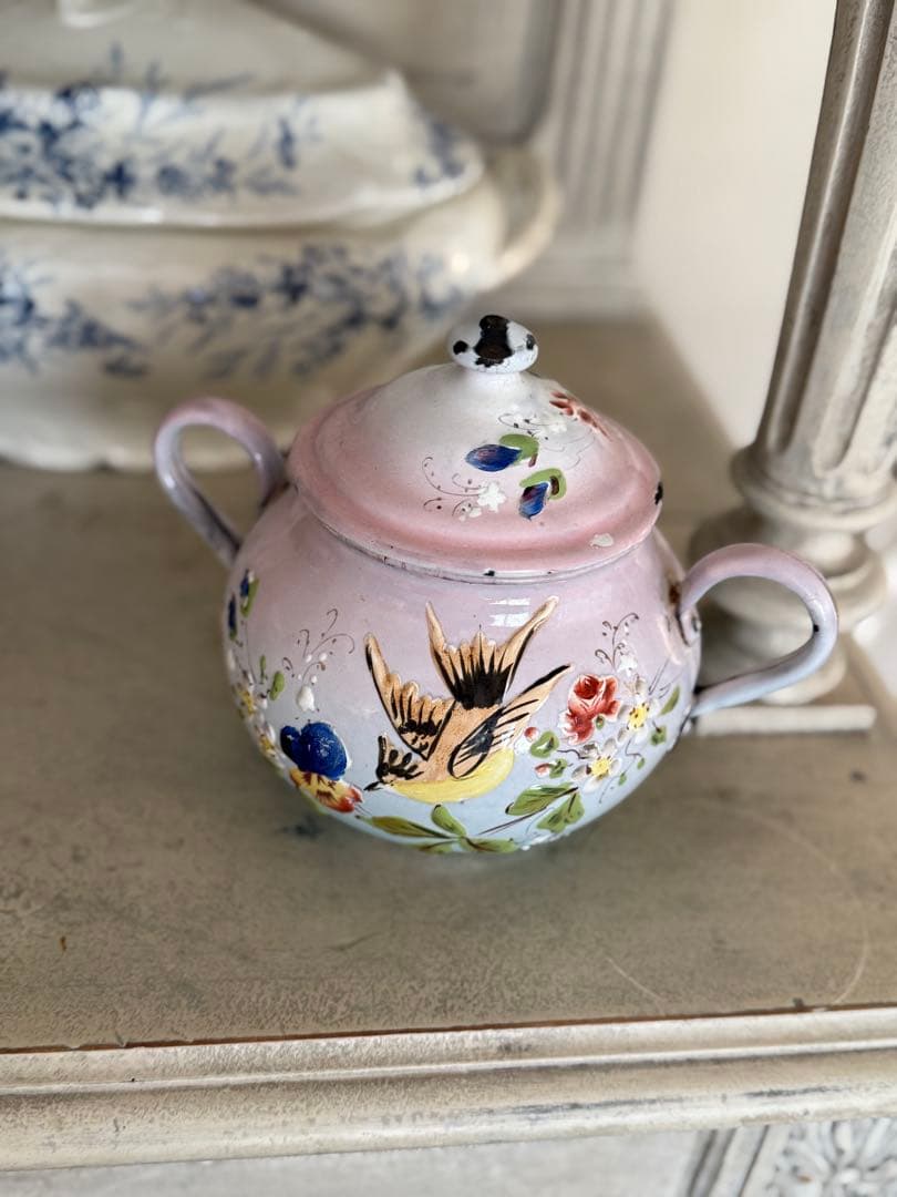 フランスアンティークホーロージャピー社花と小鳥のハンドペイントシュガーポット