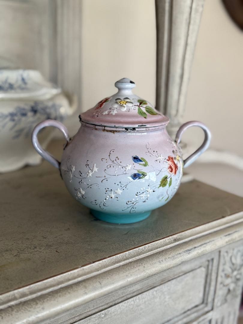 フランスアンティークホーロージャピー社花と小鳥のハンドペイントシュガーポット