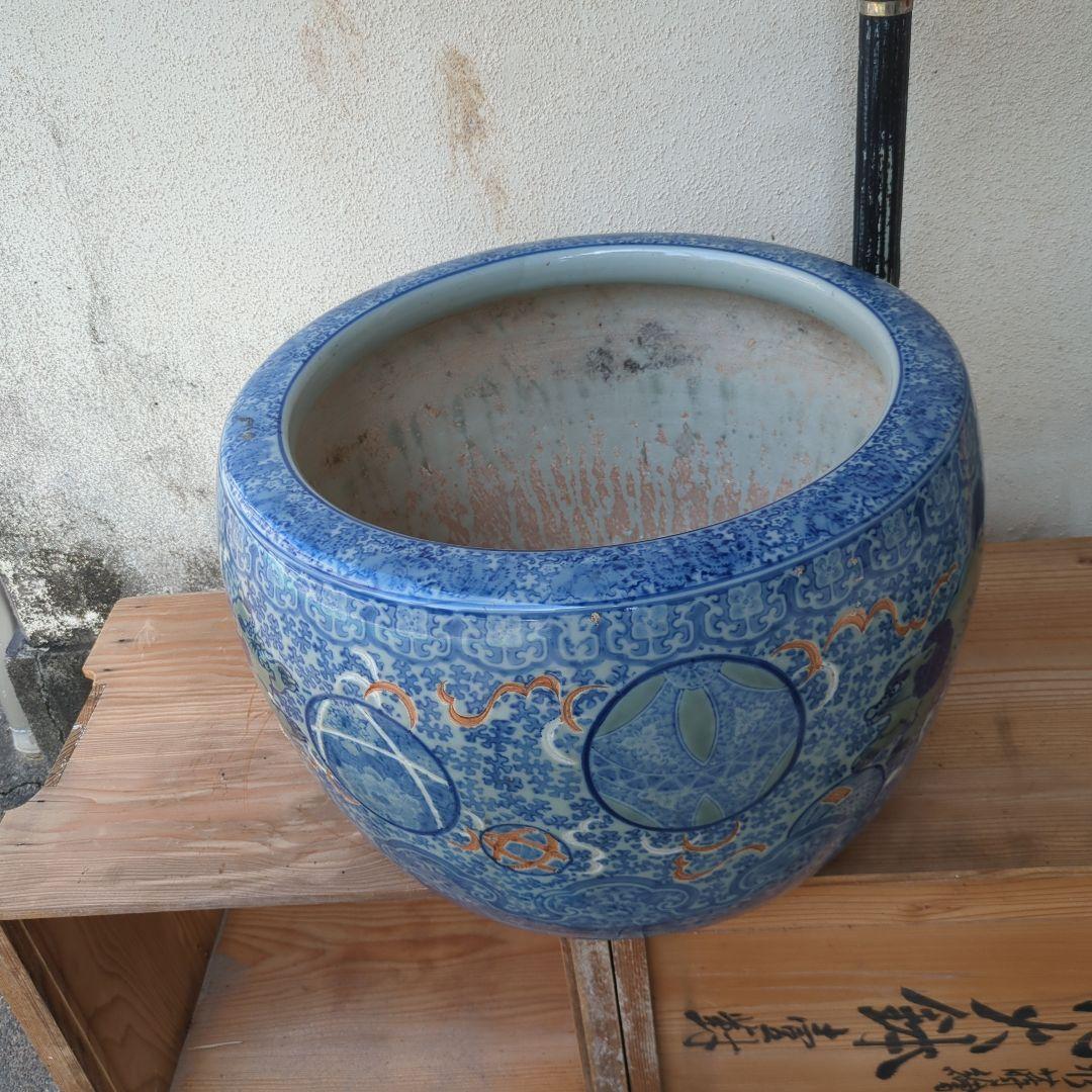 骨董 大型 火鉢 伊万里 染め付け 丸紋 睡蓮鉢 金魚 メダカ 鉢カバー