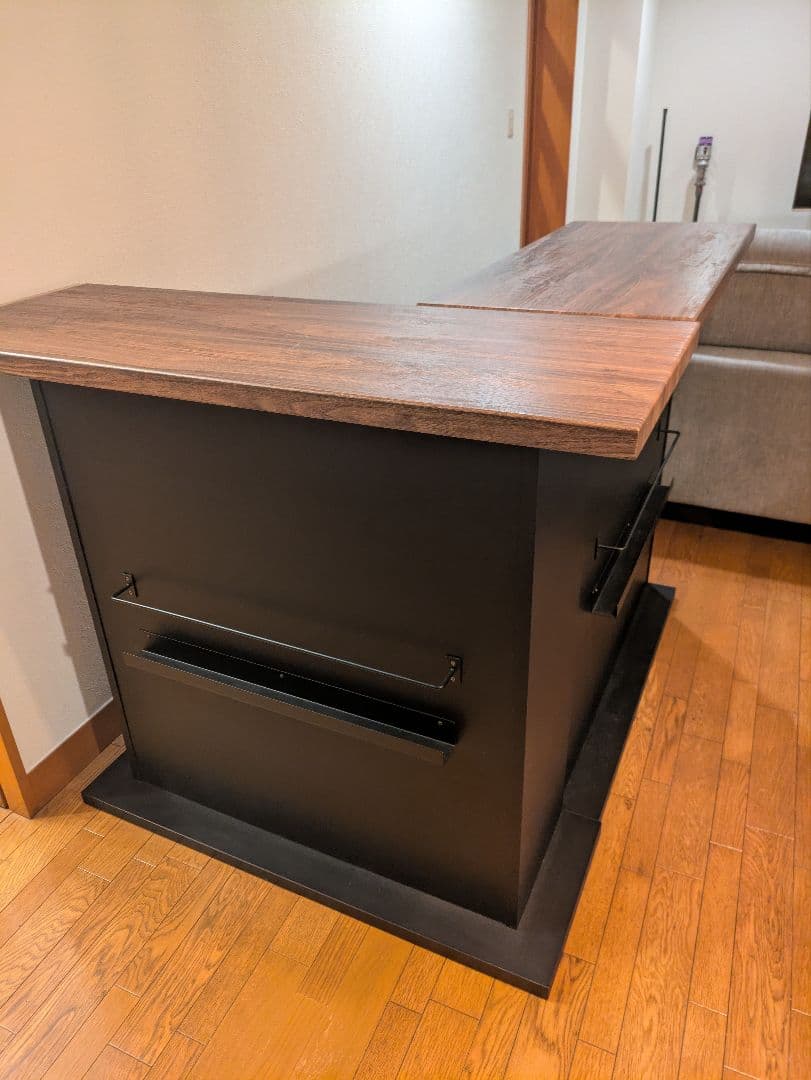 【片方ずつ販売】L字型カウンターテーブル 黒と木目調