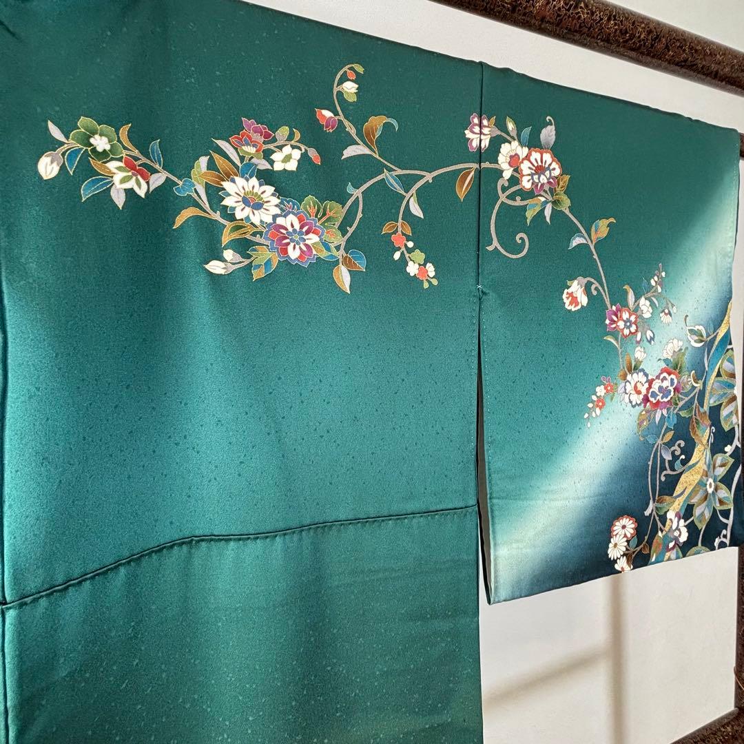 超美品　訪問着　正絹　現代　着物　青緑　紺　青　黄色　光沢　165裄68