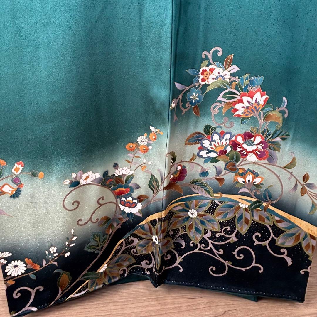 超美品　訪問着　正絹　現代　着物　青緑　紺　青　黄色　光沢　165裄68